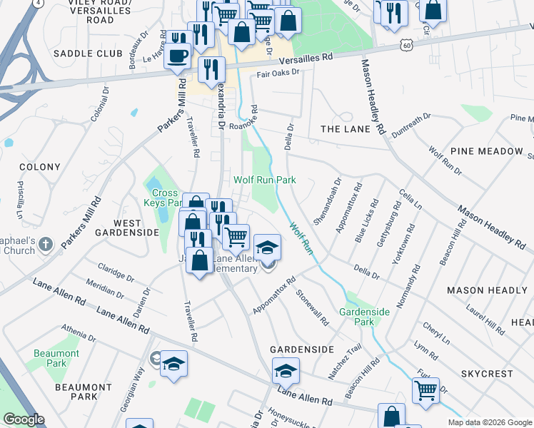 map of restaurants, bars, coffee shops, grocery stores, and more near 1043 Cross Keys Road in Lexington