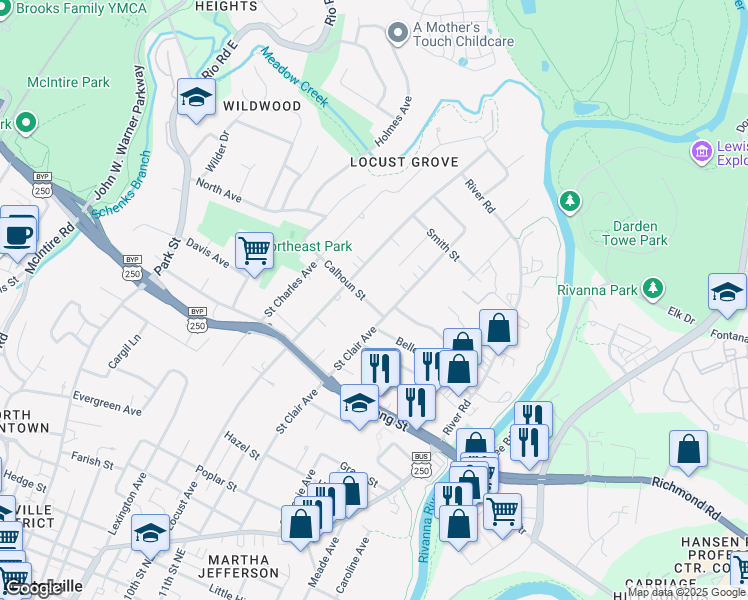 map of restaurants, bars, coffee shops, grocery stores, and more near 1101 Calhoun Street in Charlottesville