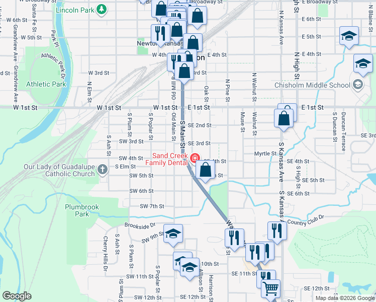 map of restaurants, bars, coffee shops, grocery stores, and more near 304 Allison Street in Newton