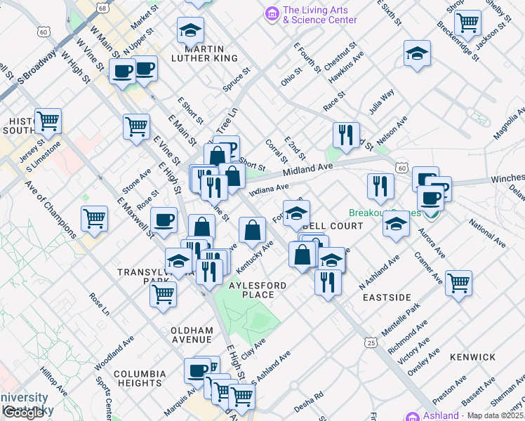 map of restaurants, bars, coffee shops, grocery stores, and more near 489 East Main Street in Lexington