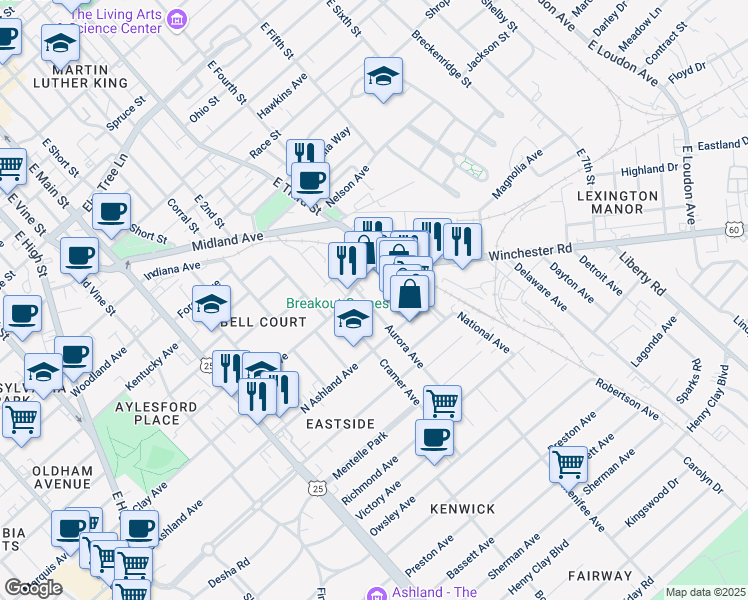 map of restaurants, bars, coffee shops, grocery stores, and more near 713 Aurora Avenue in Lexington