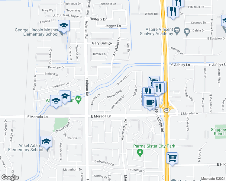 map of restaurants, bars, coffee shops, grocery stores, and more near 3734 Genova Lane in Stockton