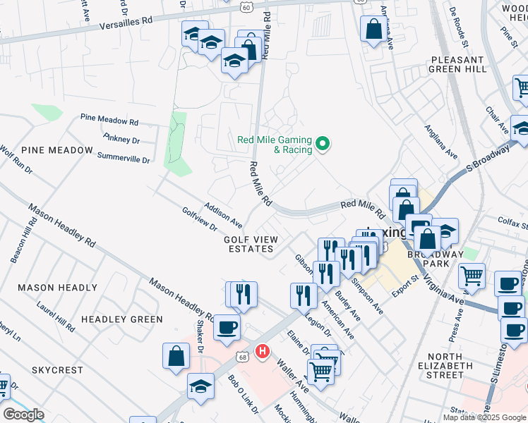 map of restaurants, bars, coffee shops, grocery stores, and more near 1001 Red Mile Road in Lexington