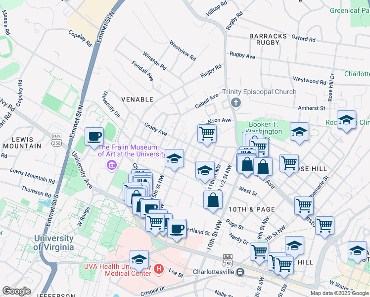 map of restaurants, bars, coffee shops, grocery stores, and more near 515 14th Street Northwest in Charlottesville