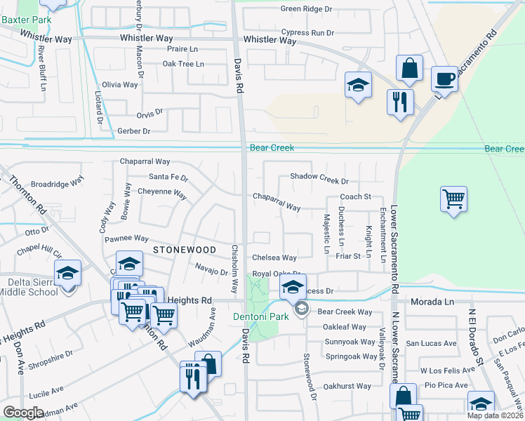 map of restaurants, bars, coffee shops, grocery stores, and more near 9712 Chaparral Court in Stockton