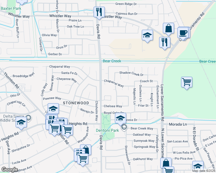 map of restaurants, bars, coffee shops, grocery stores, and more near 9712 Chaparral Court in Stockton