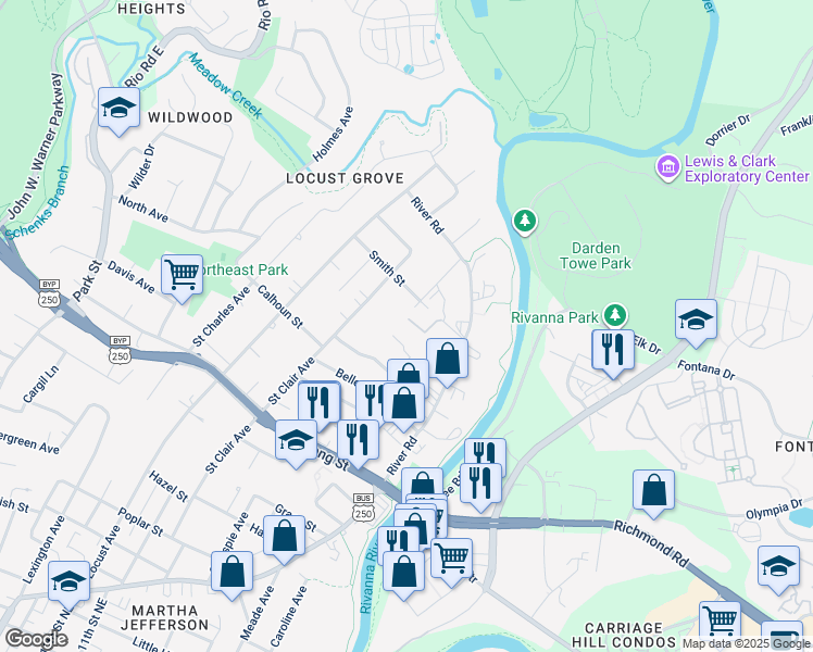 map of restaurants, bars, coffee shops, grocery stores, and more near 1226 Coleman Street in Charlottesville