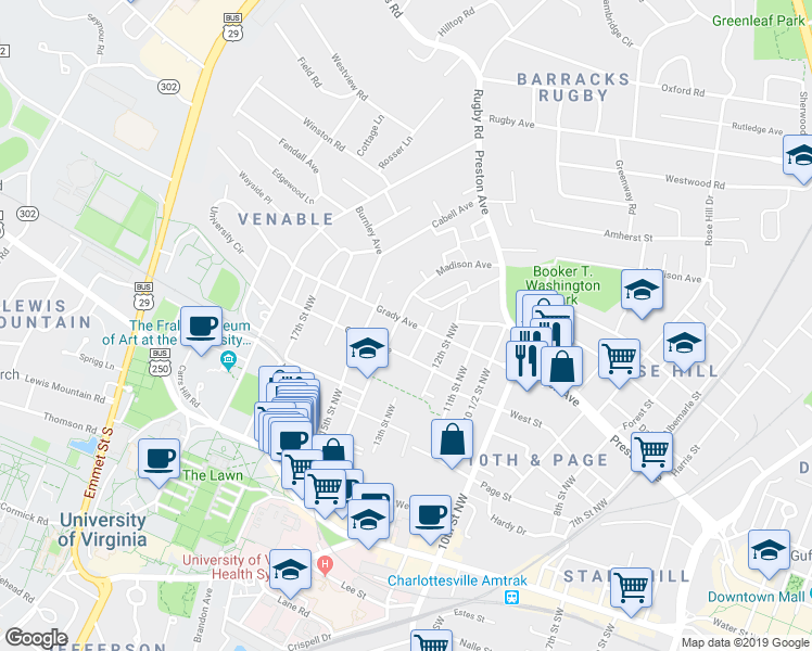 map of restaurants, bars, coffee shops, grocery stores, and more near 519 14th Street Northwest in Charlottesville