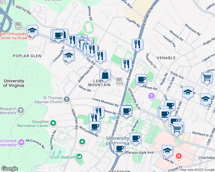 map of restaurants, bars, coffee shops, grocery stores, and more near in Charlottesville