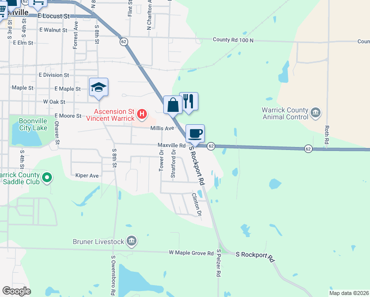 map of restaurants, bars, coffee shops, grocery stores, and more near 1309-1399 Maxville Road in Boonville