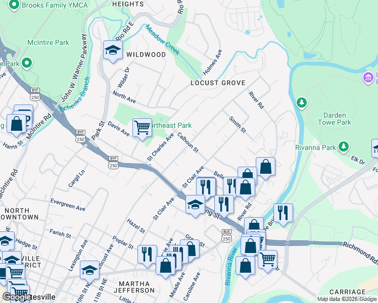 map of restaurants, bars, coffee shops, grocery stores, and more near 960 Locust Avenue in Charlottesville