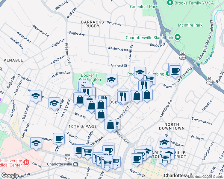 map of restaurants, bars, coffee shops, grocery stores, and more near 901 Rose Hill Drive in Charlottesville