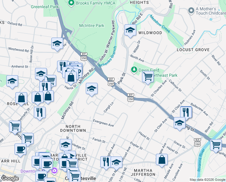 map of restaurants, bars, coffee shops, grocery stores, and more near 806 Park Street in Charlottesville