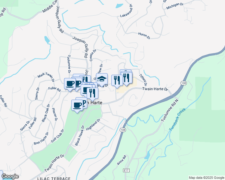 map of restaurants, bars, coffee shops, grocery stores, and more near 18859 Manzanita Dr in Twain Harte