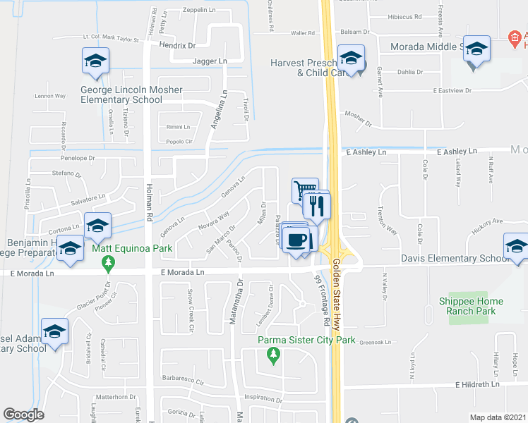 map of restaurants, bars, coffee shops, grocery stores, and more near 9735 Milan Drive in Stockton