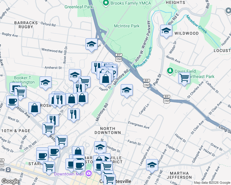 map of restaurants, bars, coffee shops, grocery stores, and more near 726 McIntire Rd in Charlottesville