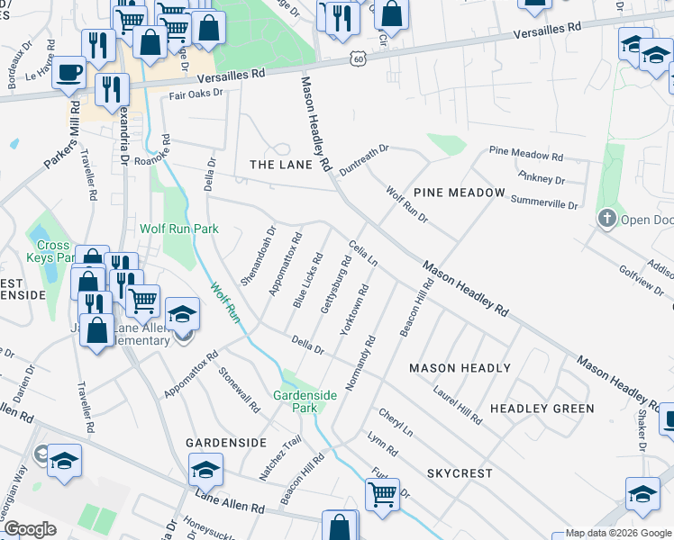 map of restaurants, bars, coffee shops, grocery stores, and more near 1717 Gettysburg Road in Lexington