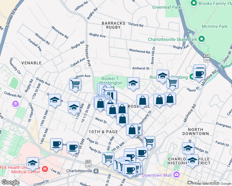 map of restaurants, bars, coffee shops, grocery stores, and more near 932 Henry Avenue in Charlottesville