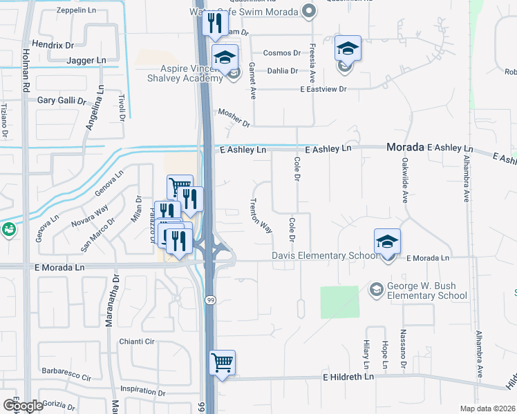 map of restaurants, bars, coffee shops, grocery stores, and more near 9564 Trenton Way in Stockton