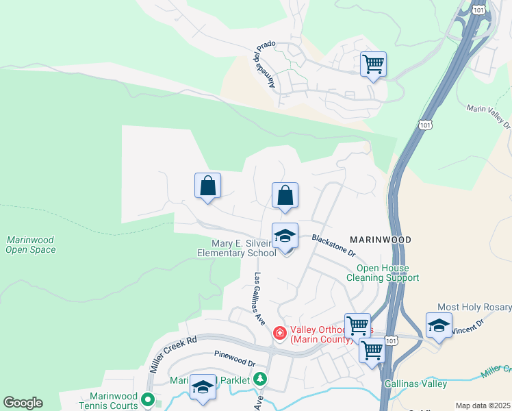 map of restaurants, bars, coffee shops, grocery stores, and more near 7 Rhinestone Terrace in San Rafael