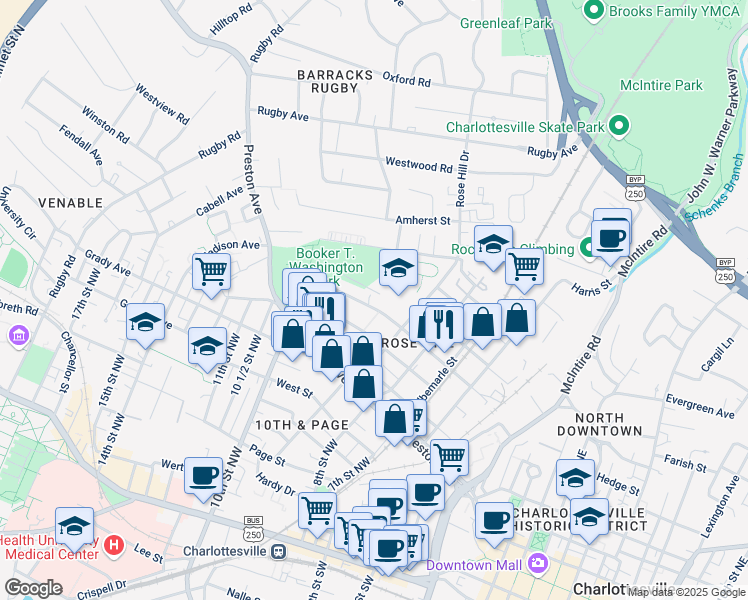 map of restaurants, bars, coffee shops, grocery stores, and more near 919 10th Street Northwest in Charlottesville
