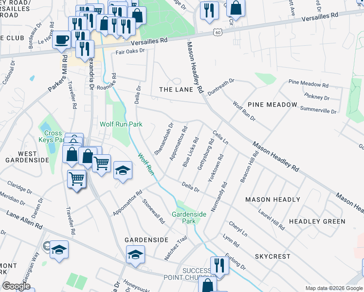 map of restaurants, bars, coffee shops, grocery stores, and more near 1725 Appomattox Road in Lexington