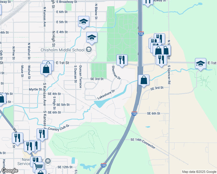 map of restaurants, bars, coffee shops, grocery stores, and more near 409 Rolling Hills Drive in Newton