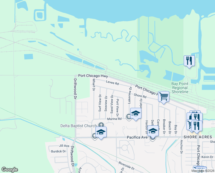 map of restaurants, bars, coffee shops, grocery stores, and more near 504 Shore Road in Bay Point