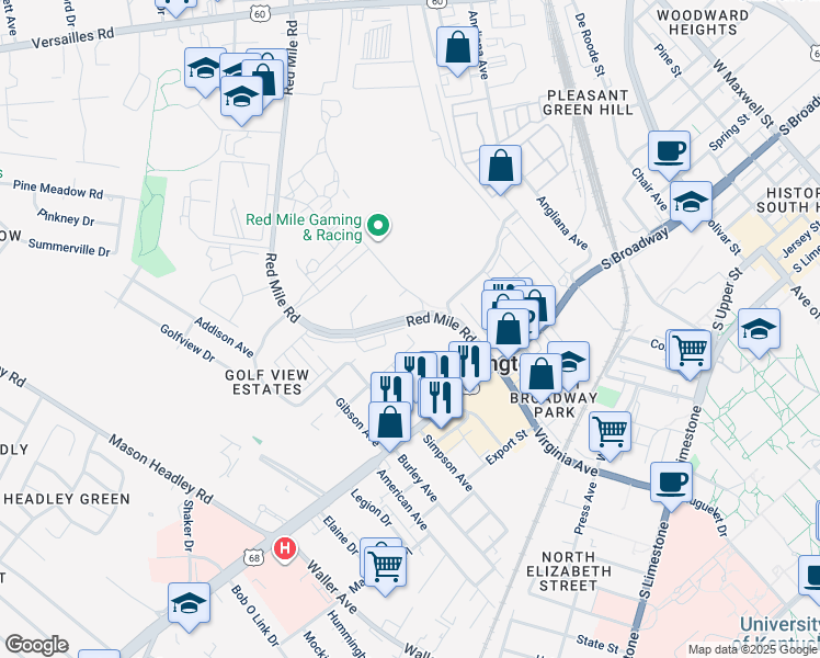 map of restaurants, bars, coffee shops, grocery stores, and more near 505 Ingleside Drive in Lexington