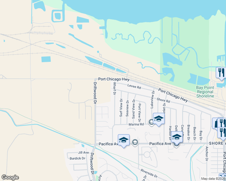 map of restaurants, bars, coffee shops, grocery stores, and more near 606 Shore Road in Bay Point