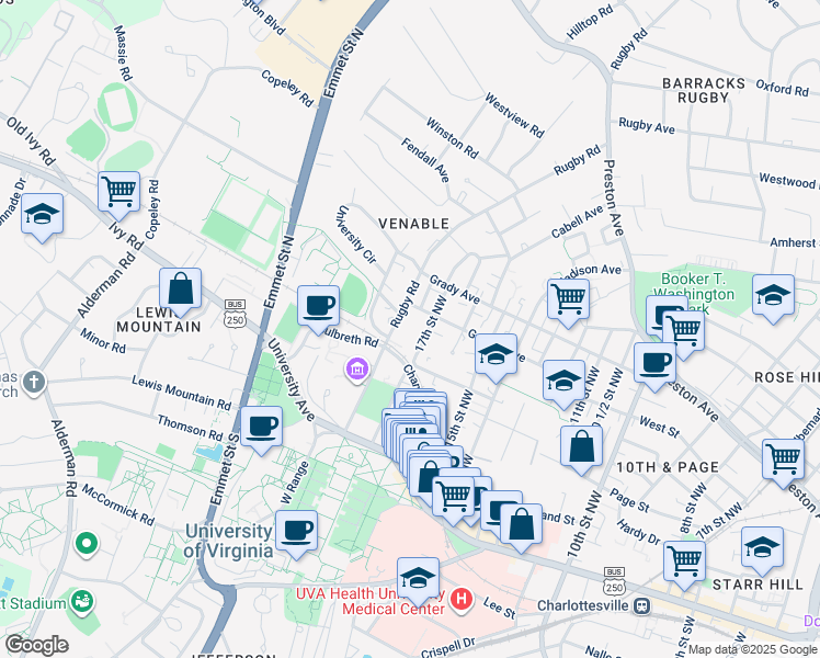 map of restaurants, bars, coffee shops, grocery stores, and more near 210 Rugby Road in Charlottesville