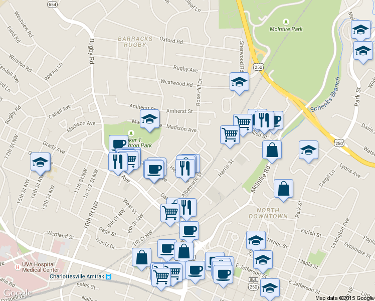 map of restaurants, bars, coffee shops, grocery stores, and more near 808 Cynthianna Avenue in Charlottesville