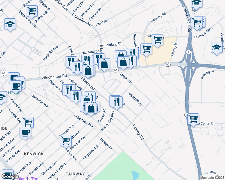 map of restaurants, bars, coffee shops, grocery stores, and more near 717 Statesman Way in Lexington