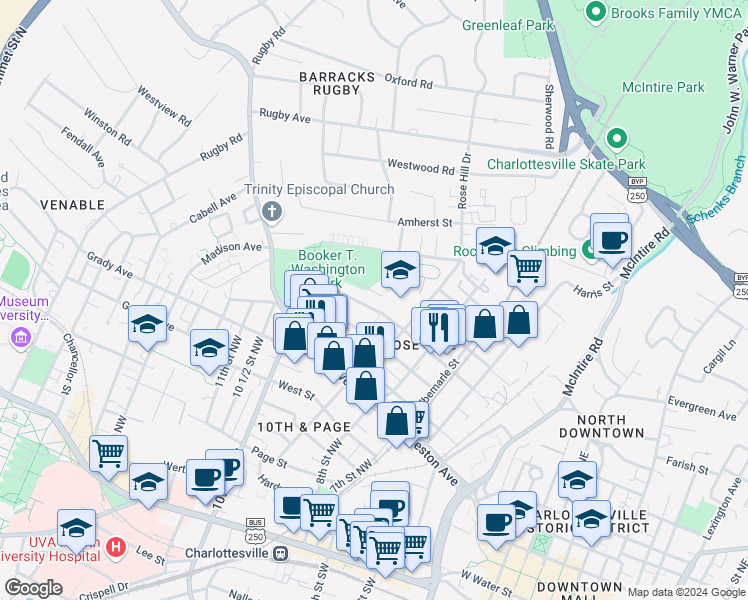 map of restaurants, bars, coffee shops, grocery stores, and more near 919 10th Street Northwest in Charlottesville