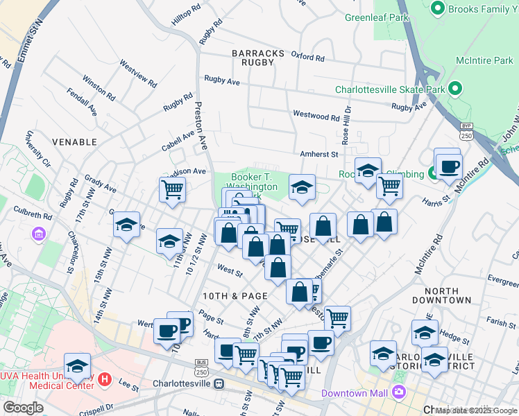 map of restaurants, bars, coffee shops, grocery stores, and more near 932 Henry Avenue in Charlottesville