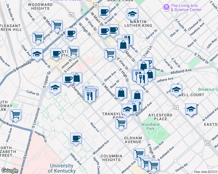 map of restaurants, bars, coffee shops, grocery stores, and more near 270 Rose Street in Lexington