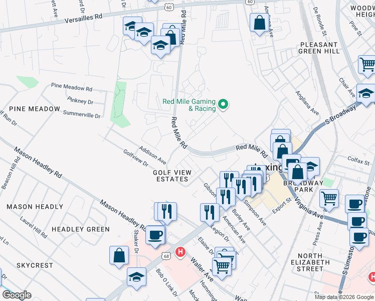 map of restaurants, bars, coffee shops, grocery stores, and more near 1001 Red Mile Road in Lexington