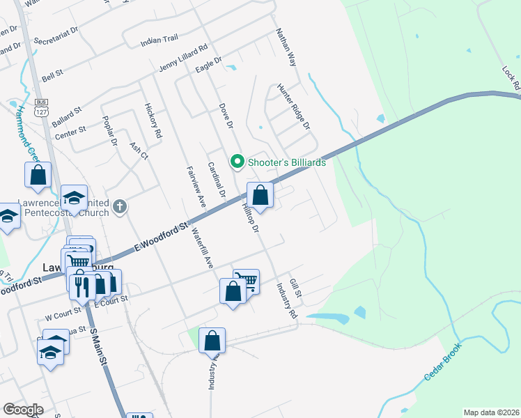 map of restaurants, bars, coffee shops, grocery stores, and more near 113 Hilltop Drive in Lawrenceburg