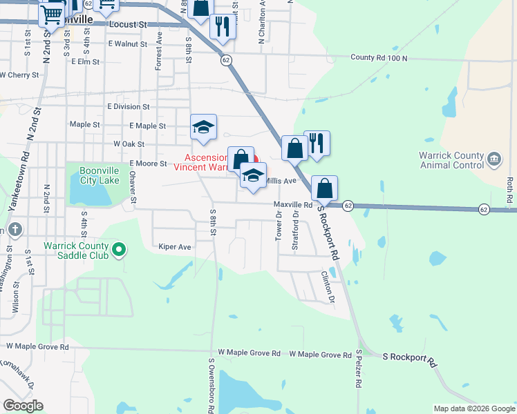 map of restaurants, bars, coffee shops, grocery stores, and more near 877 Maxville Rd in Boonville