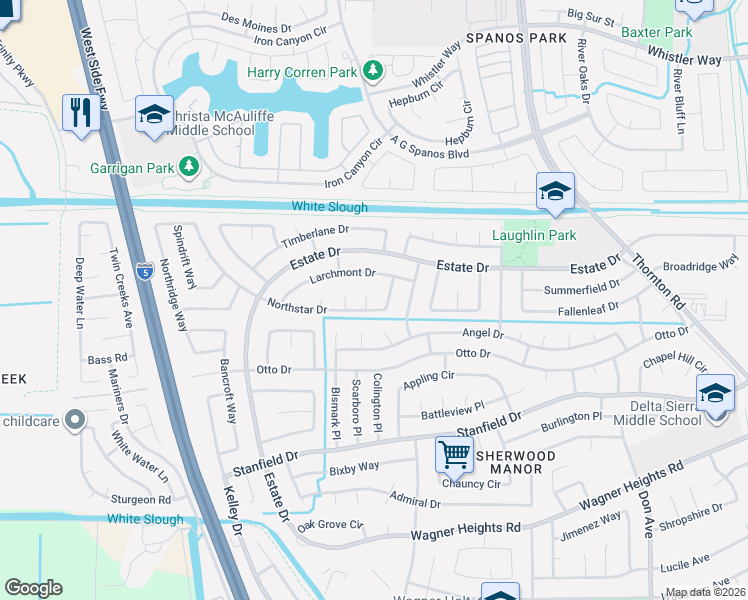 map of restaurants, bars, coffee shops, grocery stores, and more near 9730 Wintergreen Court in Stockton