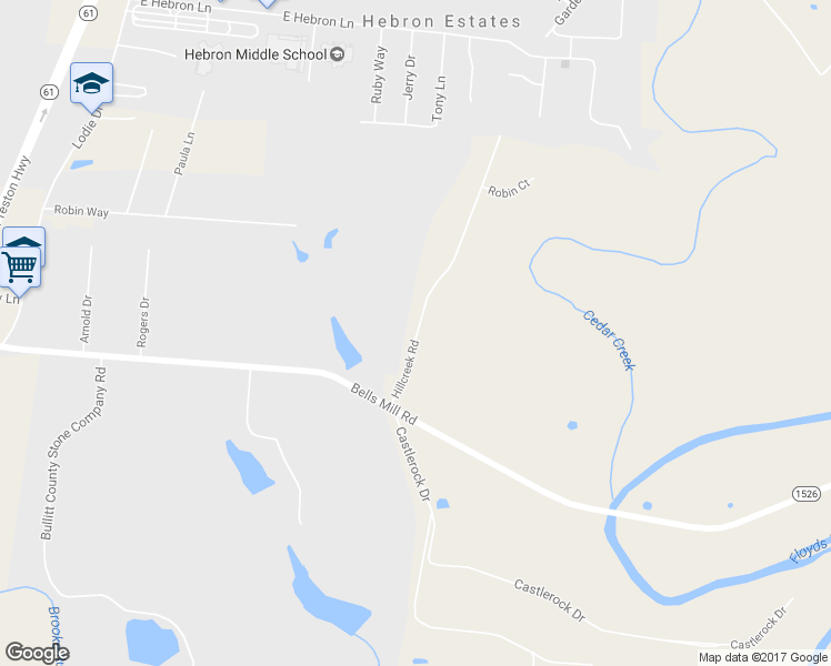map of restaurants, bars, coffee shops, grocery stores, and more near 253 Hillcreek Road in Shepherdsville