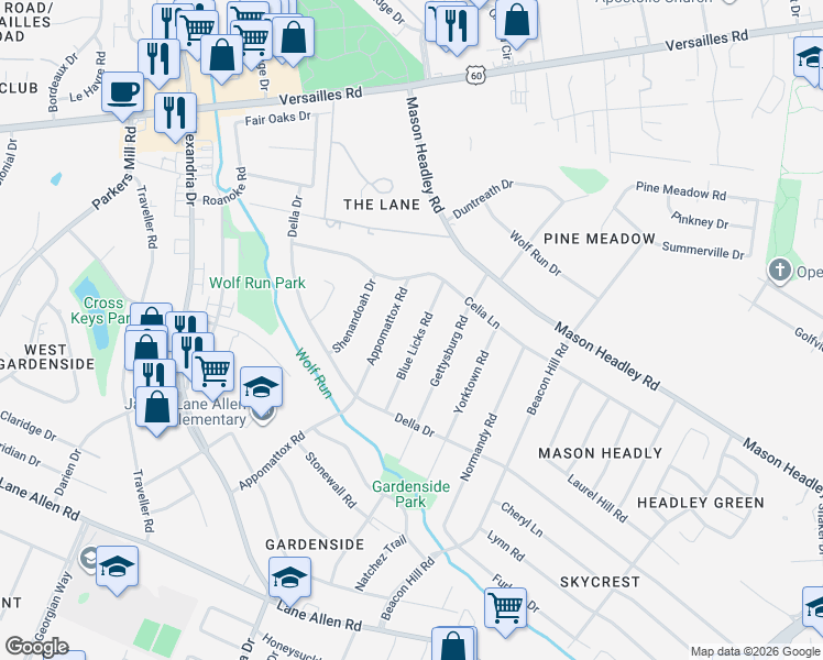 map of restaurants, bars, coffee shops, grocery stores, and more near 1729 Blue Licks Road in Lexington
