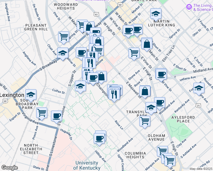 map of restaurants, bars, coffee shops, grocery stores, and more near 360 Lexington Avenue in Lexington
