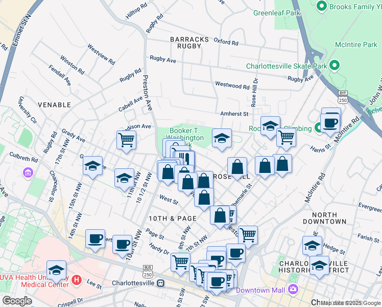 map of restaurants, bars, coffee shops, grocery stores, and more near 932 Henry Avenue in Charlottesville