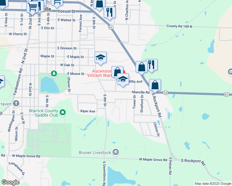 map of restaurants, bars, coffee shops, grocery stores, and more near 955 Maxville Road in Boonville