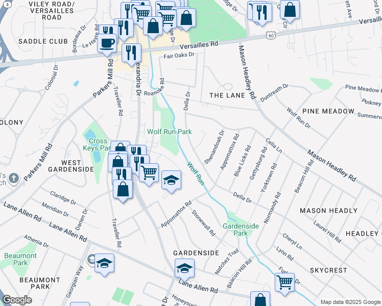 map of restaurants, bars, coffee shops, grocery stores, and more near 1028 Della Drive in Lexington