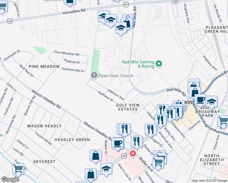 map of restaurants, bars, coffee shops, grocery stores, and more near 624 Addison Avenue in Lexington