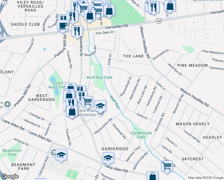 map of restaurants, bars, coffee shops, grocery stores, and more near 1028 Della Drive in Lexington