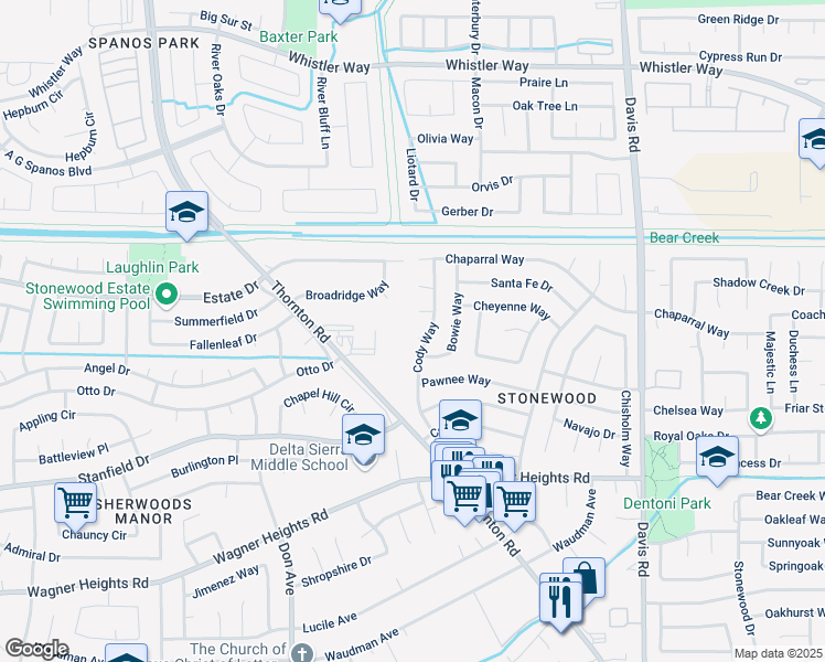 map of restaurants, bars, coffee shops, grocery stores, and more near 9649 Cody Way in Stockton