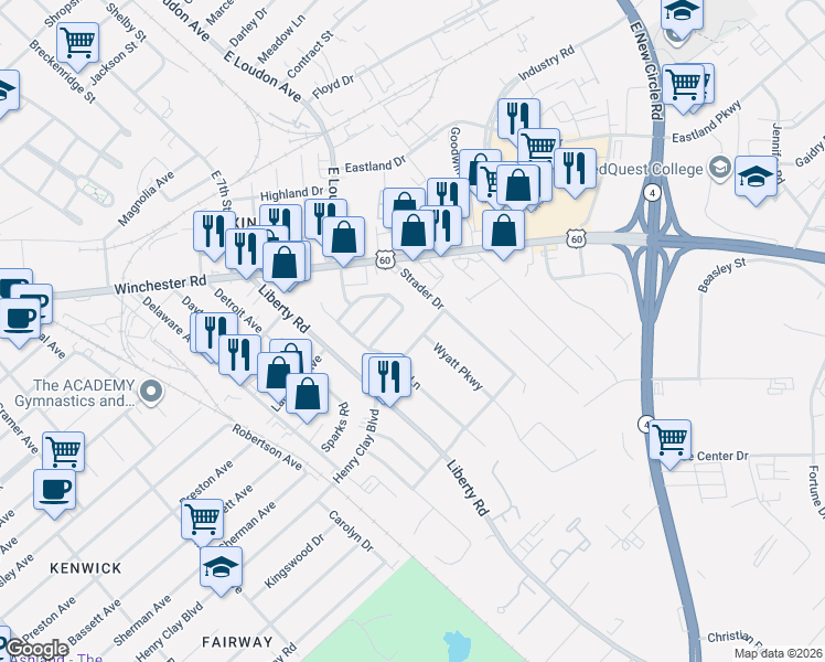 map of restaurants, bars, coffee shops, grocery stores, and more near 847 Henry Clay Blvd in Lexington